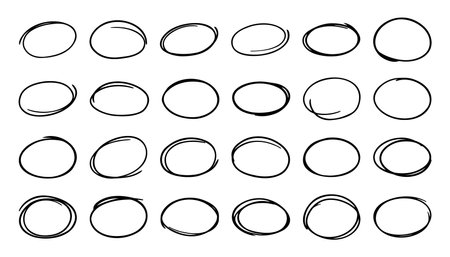 Set of hand drawn oval doodles. Various simple sketch ellipse frame collection, line logo design elements, ink pen style. Scribble vector illustration isolated on transparent backgroundのイラスト素材