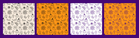 Halloween doodle seamless pattern set. Hand drawn scary pumpkins, skull, bone, ghost, eyeball, tombstone, grunge brush stroke style. Four color variation. Vector illustrationのイラスト素材