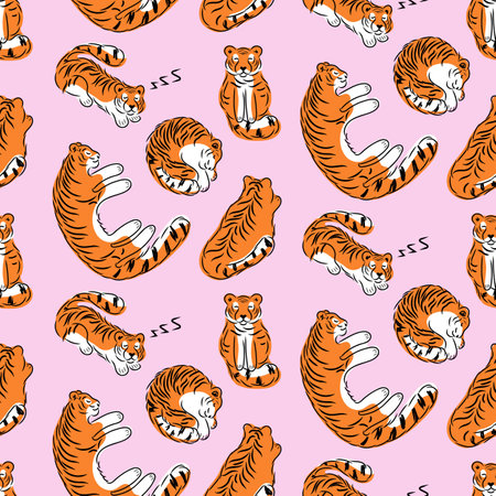 Sleeping tigers seamless pattern. Red cats lying in various poses, cute wild animals, funny doodle print. Vector illustration isolated on pink backgroundのイラスト素材