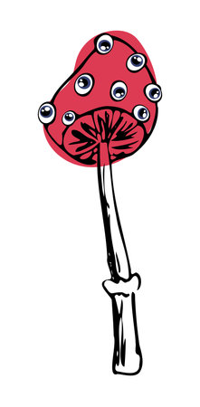 Amanita mushrooms with eyes doodle vector illustration isolated on white background. Hand drawn sketch fly agaric. Crazy psychedelic mushroom, engraving styleのイラスト素材