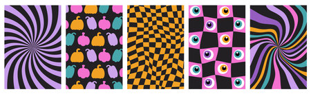 Halloween groovy poster set. Psychedelic distorted pattern collection for banner, greeting card, party. Pumpkins, eye character. Trendy retro vector illustration isolated on black backgroundのイラスト素材