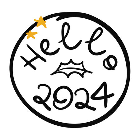 Hello 2024 lettering. Doodle circle, holly leaf and scribble stars. Black and gold print. Vector illustration isolated on white backgroundのイラスト素材
