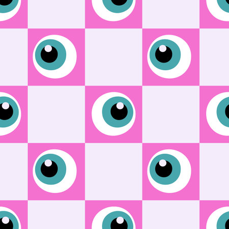 Halloween groovy checkered seamless pattern with eyeball character. Pinky checker board square print. Trendy retro vector illustrationのイラスト素材