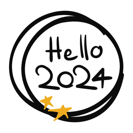 Hello 2024 lettering. Doodle circle and scribble stars. Black and gold print. Vector illustration...