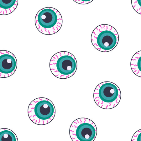 Human eyeballs Halloween seamless pattern. Flat cartoon zombie eye balls with blood vessel and green iris. Vector illustration isolated on white backgroundのイラスト素材