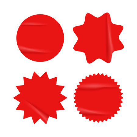 Set of red starburst with grunge retro texture. Simple stickers for price, sale, discount. Modern star burst for promotional, ad. Vector illustration isolated on transparent backgroundのイラスト素材
