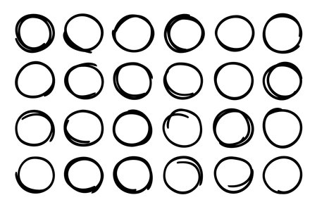 Set of hand drawn doodle circles. Various sketch frame collection, line logo design elements, marker emphasis. Scribble vector illustration isolated on transparent backgroundのイラスト素材