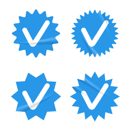 Verified badges with grunge crumpled texture set. Blue jagged checkmark icons, confirm symbol, social media account approve sign. Vector illustration isolated on white backgroundのイラスト素材