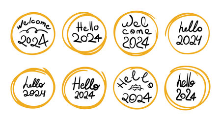 Hello 2024 doodle sticker set. Welcome New Year concept. Handwritten phrase with doodle scribble circle. Black and gold clip art collection. Vector illustration isolated on transparent backgroundのイラスト素材