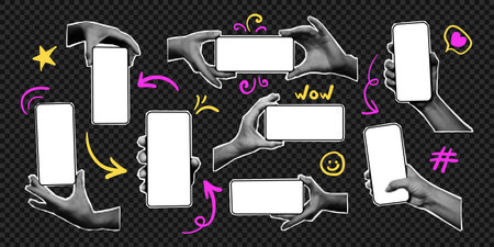 Set of halftone hands holding smartphones with blank screens. isolated cut out shapes, modern retro collage elements with hand gestures and doodles, phone mock up templates. Vector illustrationのイラスト素材