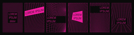 Distorted vertical grid posters set. Trendy pink neon vertical banners with copy space for text. 90s, 2000s retro style vaporwave, wireframe, futuristic backgrounds. Vector illustrationのイラスト素材
