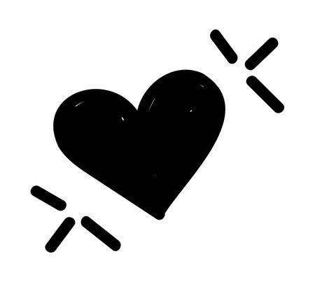 Glowing heart doodle sticker. Simple hand drawn black design element with sparkles for Valentines day, label, logo, icon. Grunge vector illustration isolated on transparent backgroundのイラスト素材
