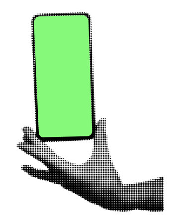 Halftone hand holding phone with blank screen vertically. Hand gesture, mock up smartphone template for modern retro mixed media design. Vector illustration isolated on transparent backgroundのイラスト素材