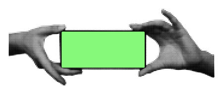 Two hands holding phone with blank screen horizontally. Halftone hand gesture, mock up smartphone template for presentation, sale. Vector illustration isolated on transparent backgroundのイラスト素材
