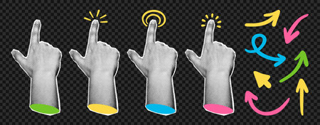 Collage element with pointing hands and doodle arrows. Fingers touch, click or tap. Cut out shapes, hand gesture for grunge trendy design. Modern retro vector illustration, objects are isolatedのイラスト素材