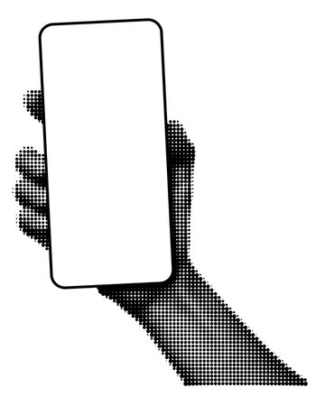 Halftone hand holding smartphone with blank screen vertically. Hand gesture, mock up phone template for product promotion design. Vector illustration isolated on transparent backgroundのイラスト素材