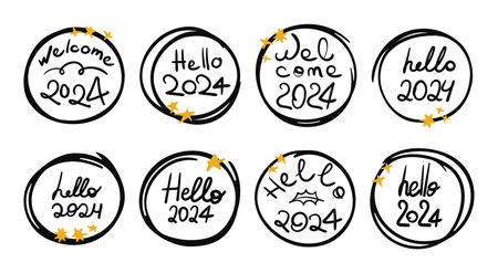 Hello 2024 doodle sticker set. Handwritten phrase with doodle circle, scribble stars. Black and gold clip art collection. Vector illustration isolated on transparent backgroundのイラスト素材