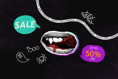 Halloween sale halftone collage banner with vampire mouth and speech bubbles. Modern mixed media design. Spooky pop art cut out dotted element and doodles. Vector illustrationのイラスト素材