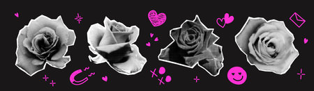 Roses halftone collage elements set with doodles. Floral mixed media design, vintage punk dotted Valentine day stickers, hand drawn hearts and squiggles. Y2K aesthetic vector illustrationのイラスト素材