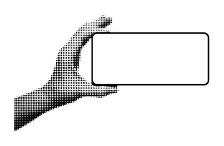 Halftone hand holding smartphone with blank screen horizontally. Hand gesture, mock up phone template for presentation, sale, promotion. Vector illustration isolated on transparent backgroundのイラスト素材