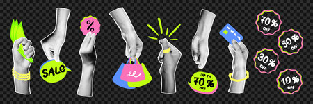 Halftone hands holding sale symbols set. Advertising tags, Black Friday sale contemporary design. Cutout magazine shapes, modern retro collage elements for creative promotion. Vector illustrationのイラスト素材