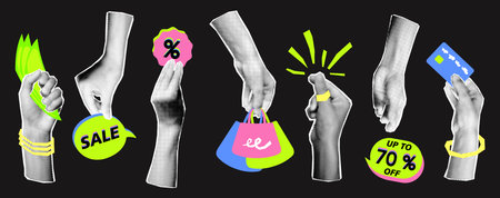 Sale concept set with halftone hands holding shopping bags, credit card, money and price sticker. Cutout magazine shapes, modern retro collage elements for Black Friday poster. Vector illustrationのイラスト素材