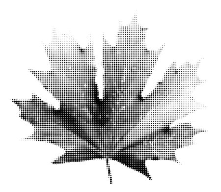 Maple leaf halftone collage element. Floral object for mixed media design, vintage punk dotted foliage, retro modern cutout shape. Vector illustration isolated on transparent backgroundのイラスト素材