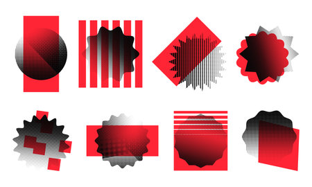 Modern halftone shapes set vector illustration isolated on transparent background. Black starburst with dotted retro grunge texture and red geometric figures. Stickers, creative design elementsのイラスト素材