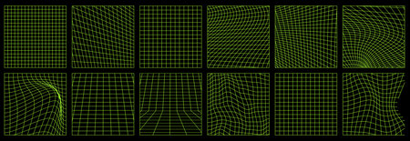Distorted square grid set. Green neon posters, cover templates 90s, 2000s retro style vaporwave,...