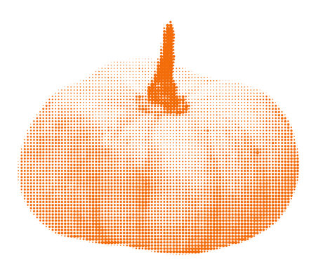 Orange pumpkin halftone collage element. Halloween grunge sticker, modern retro cutout shape, dotted Thanksgiving day symbol. Vector illustration isolated on transparent backgroundのイラスト素材