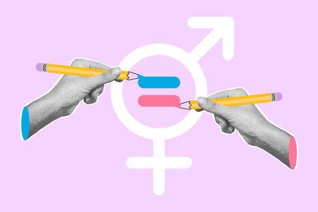Equality gender symbol art collage vector illustration. Female and male hands drawing equal sign, parity, rights, equity, unity concept. Banner, poster with halftone modern retro cutout elementsのイラスト素材