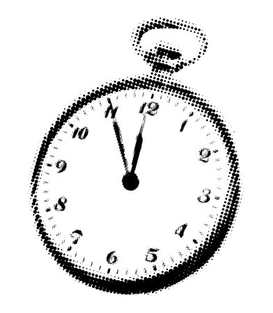 Vintage pocket clock halftone collage element. Five minutes to twelve, countdown, deadline concept, New year eve. Cutout magazine shape, modern retro grunge vector illustrationのイラスト素材