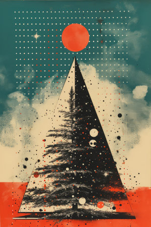Art collage grunge Christmas tree on dotted blue orange background. Cut out abstract magazine shapes, messy paint splashes and drops, festive posterの素材