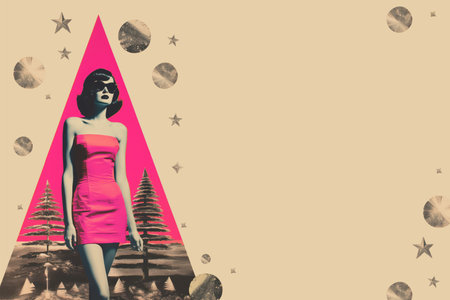 Art collage beautiful woman in pink dress and Christmas tree. Cut out magazine shapes on beige aged paper background. Festive vintage banner with copy space for textの素材