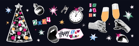 New year halftone collage elements set. Cut out of magazine shapes, glasses of champagne, Christmas tree, female eye and shouting mouth, stars. Modern retro grunge punk vector illustrationのイラスト素材