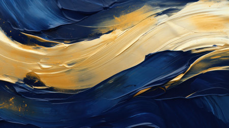 Abstract acrylic brush paint gold dark blue background with impasto texture. Luxury elegant oil painted backdrop, desktop wallpaperの素材