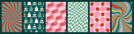 Christmas groovy poster set. Psychedelic distorted pattern collection for banner, greeting card,...