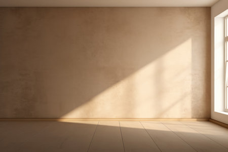 Empty room and wall minimalist interior background. Neutral beige wooden floor with sunlight glare from the window. Modern apartment mock up for presentationの素材