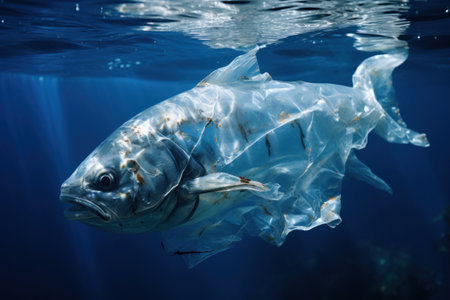 Ocean plastic pollution concept. Fish as plastic bag under water creative artの素材