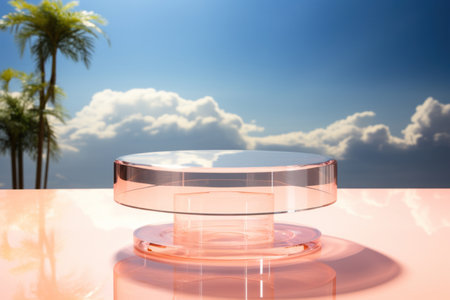 Minimal glass podium mock up against blue sky. Modern retro pedestal for cosmetic product presentationの素材