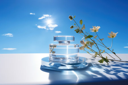 Perfume bottle on minimal glass podium mock up. Cosmetic product presentation background with sun on blue sky and flowers, soft light and shadowsの素材