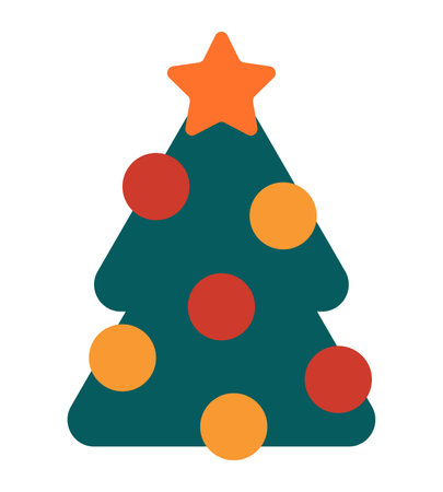 Decorated Christmas tree geometric minimalist icon. Simple spruce silhouette with star and ornaments for poster, greeting card, print for tee, package. Modern retro vector illustrationのイラスト素材