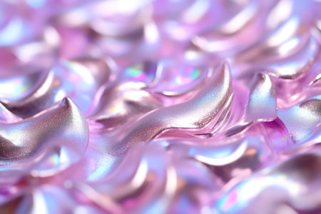Holographic iridescent pastel pink background. Metallic glowing texture backdrop, horizontal glamour wallpaper, funny disco party banner templateの素材