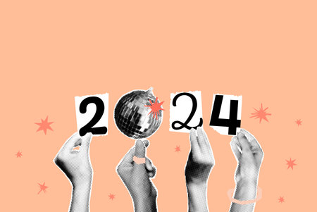 New year art collage banner with halftone hands holding disco ball and cut out numbers isolated on Peach Fuzz trendy background. Color of the year2024 . Modern retro vector illustrationのイラスト素材