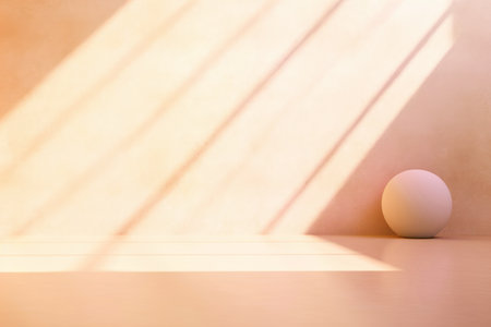 Empty room and wall with sunlight glare from the window. Interior background with copy space for presentation. Peach fuzz minimalist product mock upの素材