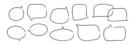 Hand drawn sketch speech bubbles set. Irregular shapes, grunge brush strokes. Line vector illustration isolated on transparent backgroundのイラスト素材
