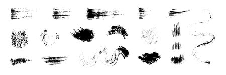 Black brush strokes set. Dry paintbrush scratches, grunge dirty charcoal texture elements. Vector illustration isolated on transparent backgroundのイラスト素材