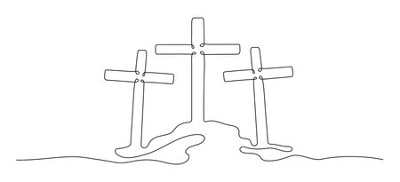 Three Calvary crosses on hill one continuous line vector illustration isolated on transparent background. Crucifixion of Jesus Christ concept. Resurrection conceptのイラスト素材