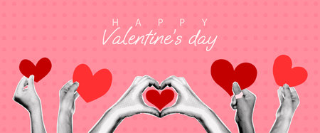 Valentines day banner template with halftone collage hands holding hearts. Cutout magazine shapes and doodles, love and romance concept. Modern retro vector illustrationのイラスト素材