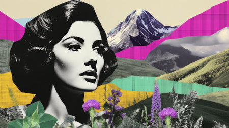 Art collage halftone woman portrait on nature background. Mountains, meadow flowers and cut out paper shapesの素材